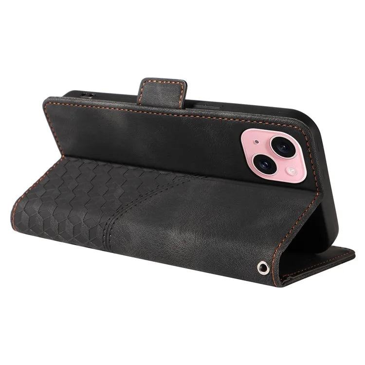 For iPhone 15 Case PU Leather Rhombus Starry Phone Wallet Cover