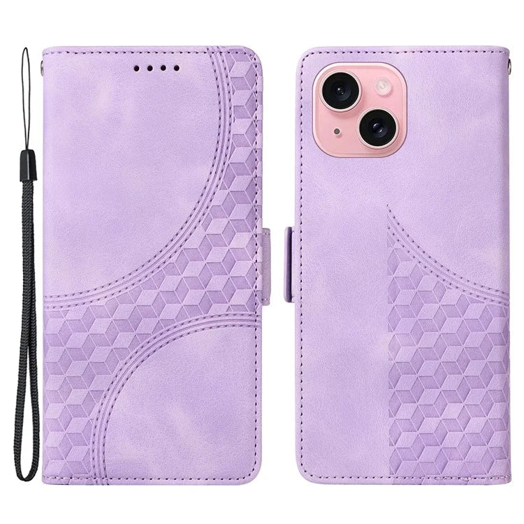 For iPhone 15 Case PU Leather Rhombus Starry Phone Wallet Cover