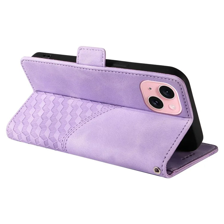 For iPhone 15 Case PU Leather Rhombus Starry Phone Wallet Cover