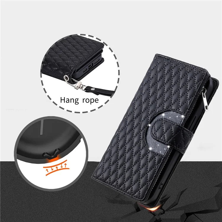 Style 013 for Motorola Moto E14 4G / G04 4G / G04s 4G / G24 4G Case Rhombus Leather Zipper Phone Cover