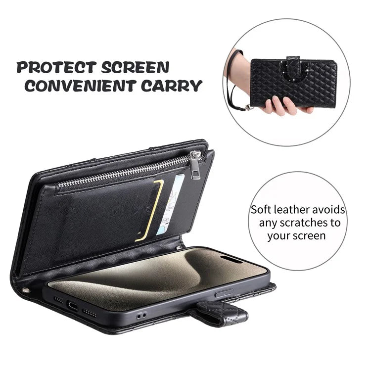 Style 013 for Motorola Moto E14 4G / G04 4G / G04s 4G / G24 4G Case Rhombus Leather Zipper Phone Cover