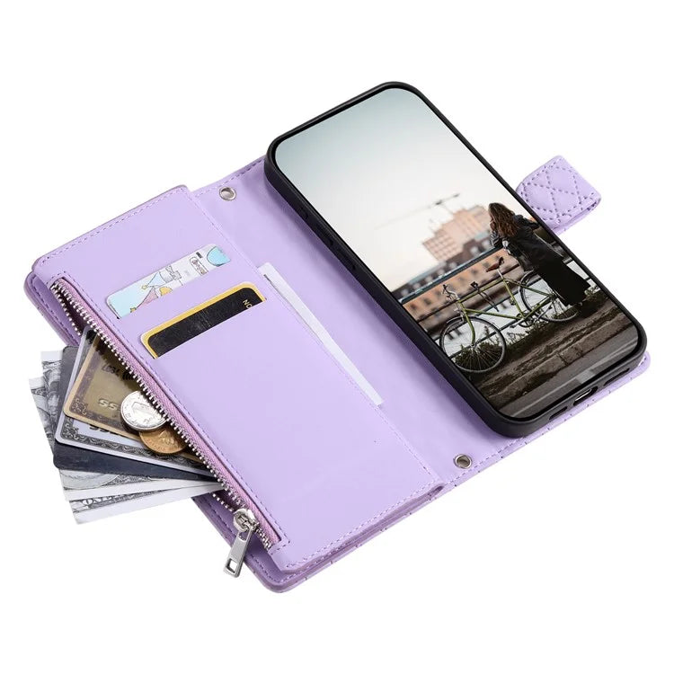 Style 013 for Motorola Moto E14 4G / G04 4G / G04s 4G / G24 4G Case Rhombus Leather Zipper Phone Cover