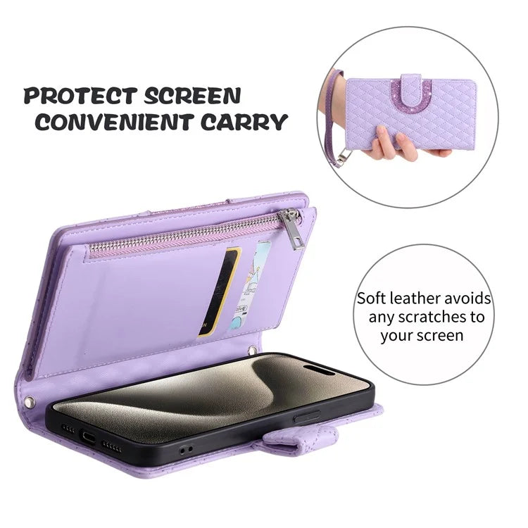 Style 013 for Motorola Moto E14 4G / G04 4G / G04s 4G / G24 4G Case Rhombus Leather Zipper Phone Cover
