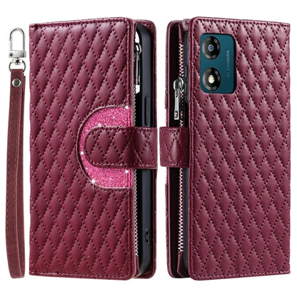 Style 013 for Motorola Moto E14 4G / G04 4G / G04s 4G / G24 4G Case Rhombus Leather Zipper Phone Cover