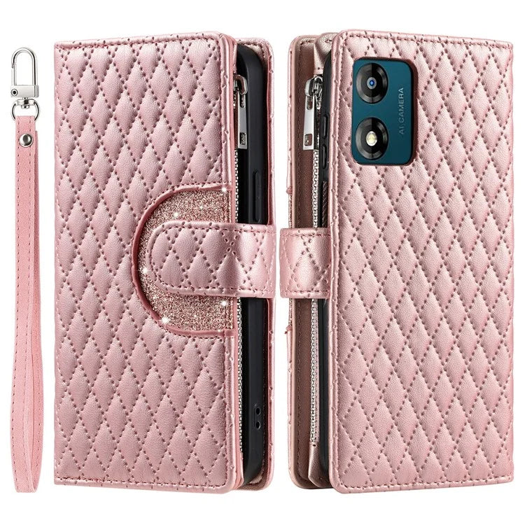 Style 013 for Motorola Moto E14 4G / G04 4G / G04s 4G / G24 4G Case Rhombus Leather Zipper Phone Cover