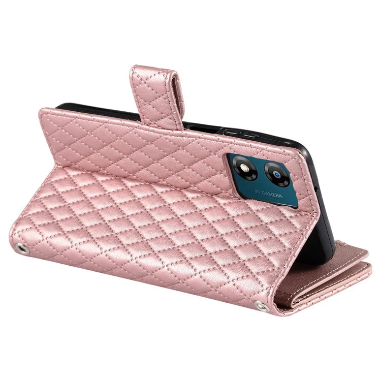 Style 013 for Motorola Moto E14 4G / G04 4G / G04s 4G / G24 4G Case Rhombus Leather Zipper Phone Cover