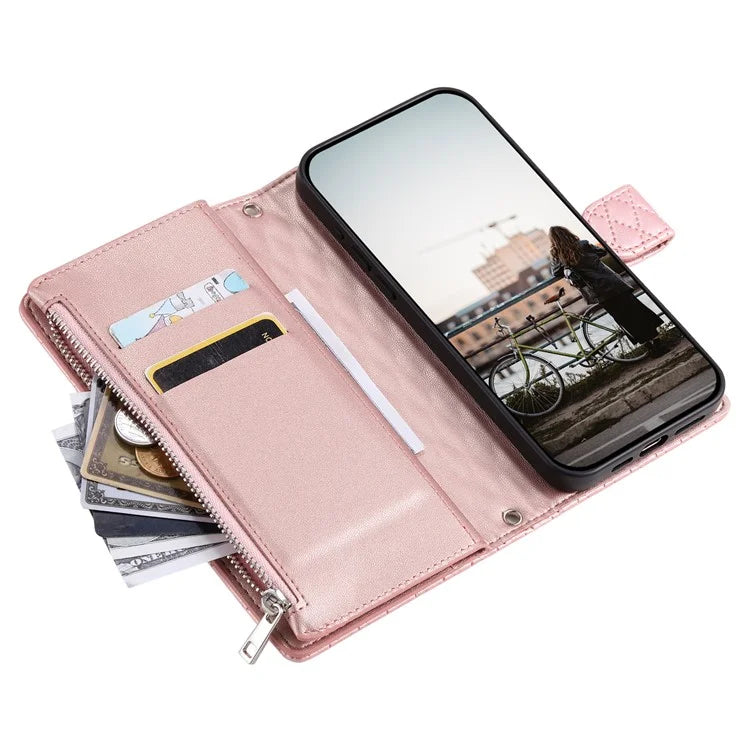 Style 013 for Motorola Moto E14 4G / G04 4G / G04s 4G / G24 4G Case Rhombus Leather Zipper Phone Cover