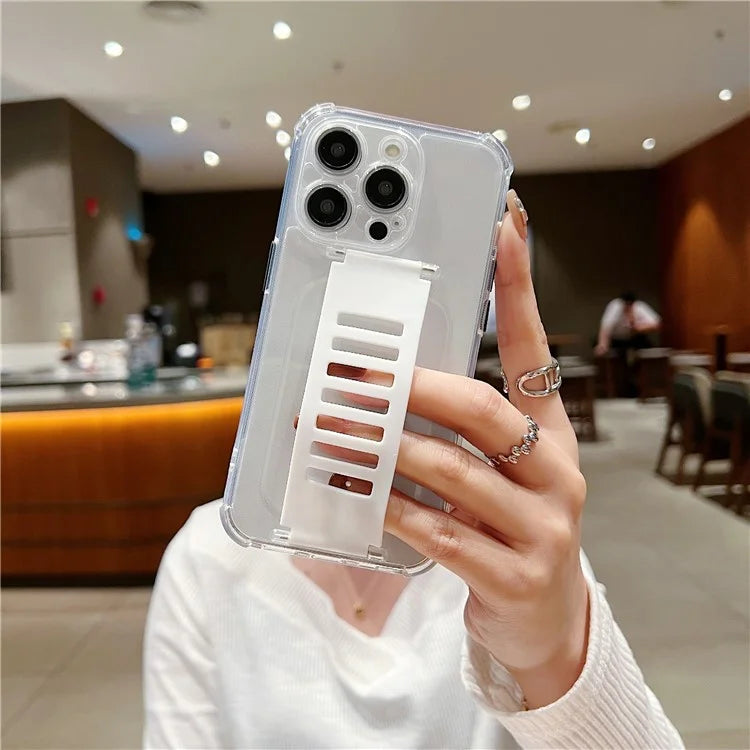 For iPhone 15 Pro Max Case Clear TPU Phone Cover Trapezoidal Wristband Anti-Drop