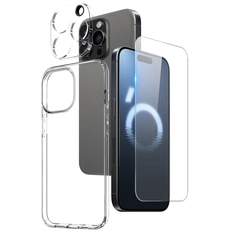NORTHJO for iPhone 16 Pro TPU Phone Case with Front Screen Film+Lens Film 3-in-1 Set