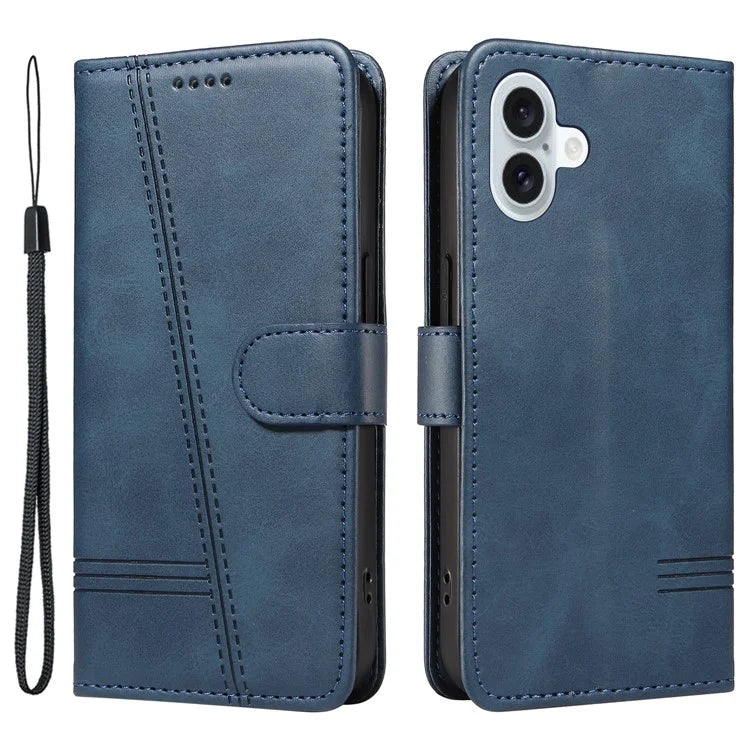 For iPhone 16 Plus Leather Case T-Shaped Lines Flip Phone Cover
