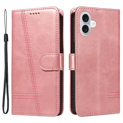 For iPhone 16 Plus Leather Case T-Shaped Lines Flip Phone Cover