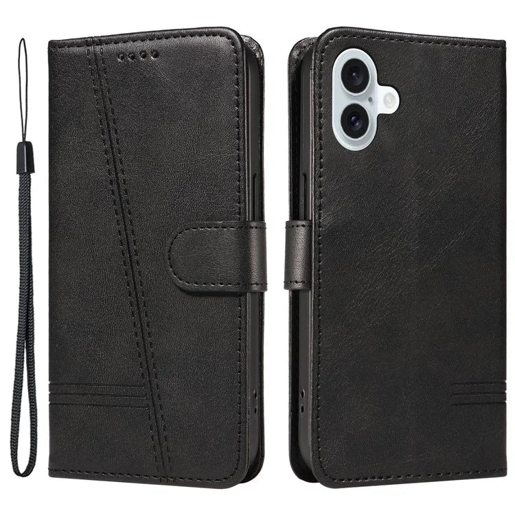 For iPhone 16 Plus Leather Case T-Shaped Lines Flip Phone Cover
