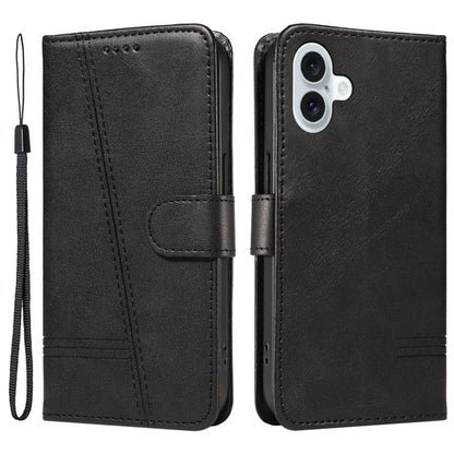 For iPhone 16 Plus Leather Case T-Shaped Lines Flip Phone Cover