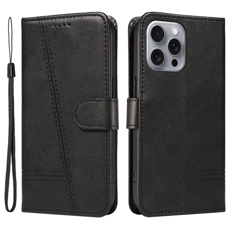 For iPhone 16 Pro Case with Strap T-Shaped Lines Imprinted Leather Phone Cover