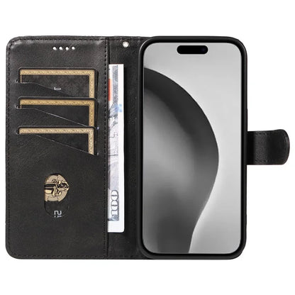 For iPhone 16 Pro Case with Strap T-Shaped Lines Imprinted Leather Phone Cover