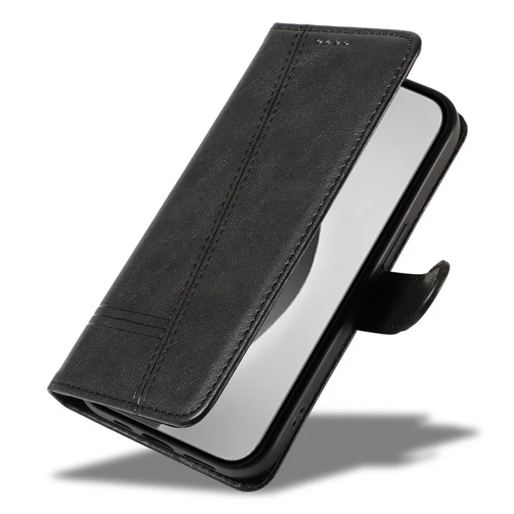 For iPhone 16 Pro Case with Strap T-Shaped Lines Imprinted Leather Phone Cover