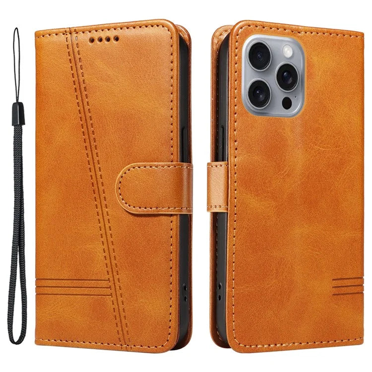 For iPhone 16 Pro Case with Strap T-Shaped Lines Imprinted Leather Phone Cover