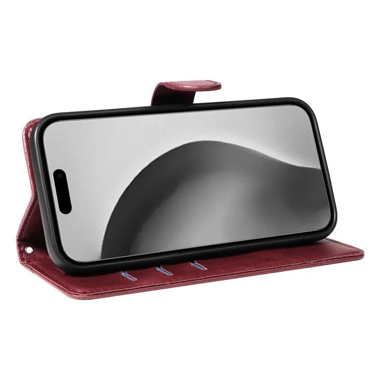 For iPhone 16 Pro Case with Strap T-Shaped Lines Imprinted Leather Phone Cover
