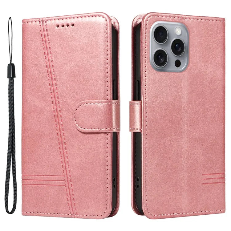 For iPhone 16 Pro Case with Strap T-Shaped Lines Imprinted Leather Phone Cover