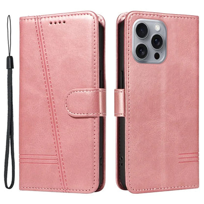 For iPhone 16 Pro Case with Strap T-Shaped Lines Imprinted Leather Phone Cover