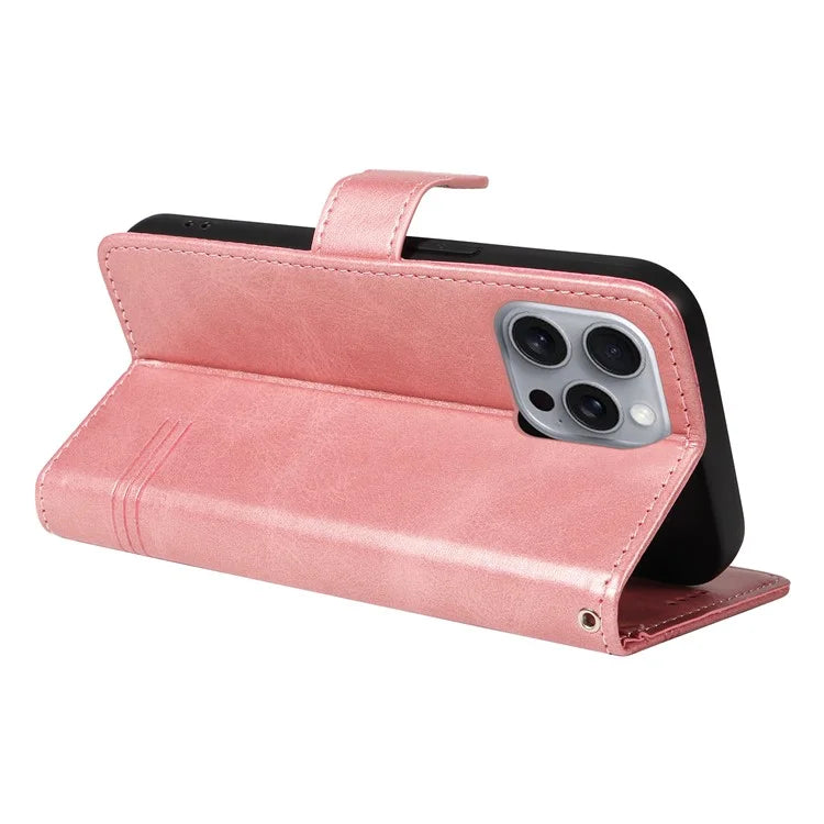 For iPhone 16 Pro Case with Strap T-Shaped Lines Imprinted Leather Phone Cover