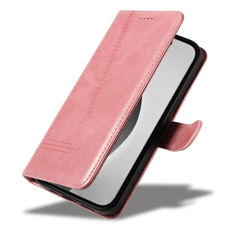 For iPhone 16 Pro Case with Strap T-Shaped Lines Imprinted Leather Phone Cover