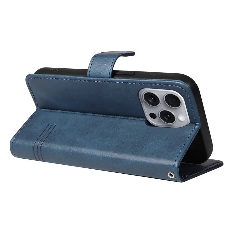 For iPhone 16 Pro Case with Strap T-Shaped Lines Imprinted Leather Phone Cover