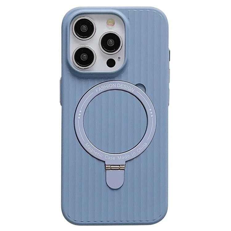 For iPhone 13 Pro Max Case Corrugated Texture Magnetic Ring Kickstand PC Phone Cover