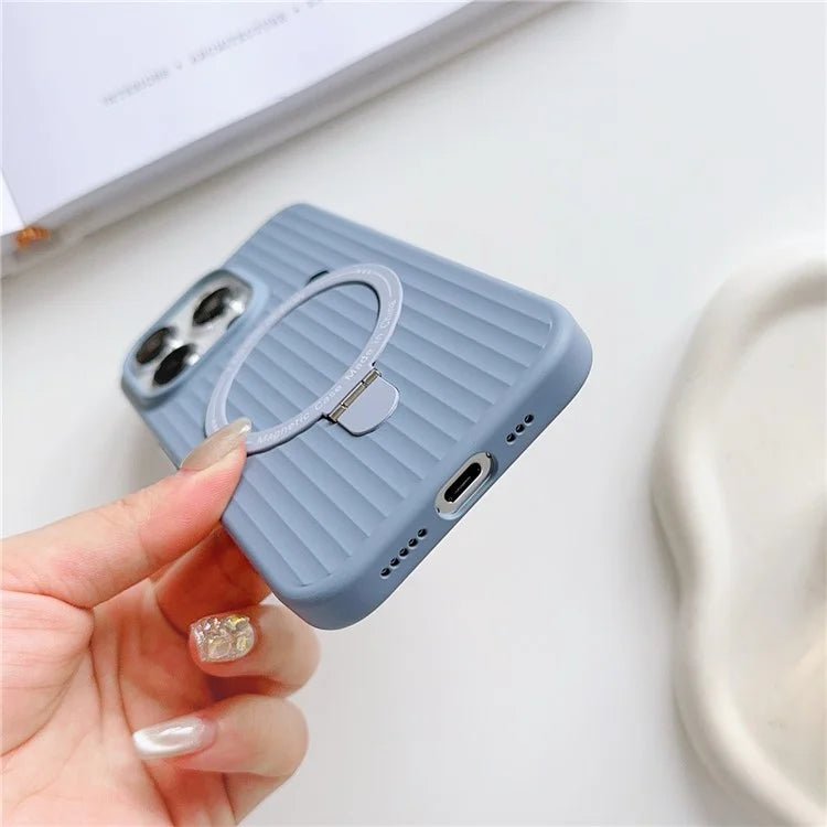 For iPhone 13 Pro Max Case Corrugated Texture Magnetic Ring Kickstand PC Phone Cover