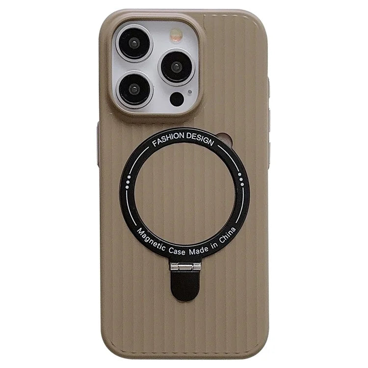 For iPhone 14 Pro Max Case Corrugated Texture Magnetic Ring Kickstand Anti-scratch PC Phone Cover