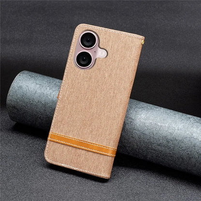 For iPhone 16 Plus Cell Phone Case Jeans Cloth Texture Leather Wallet Protective Cover