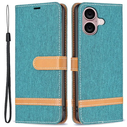 For iPhone 16 Plus Cell Phone Case Jeans Cloth Texture Leather Wallet Protective Cover