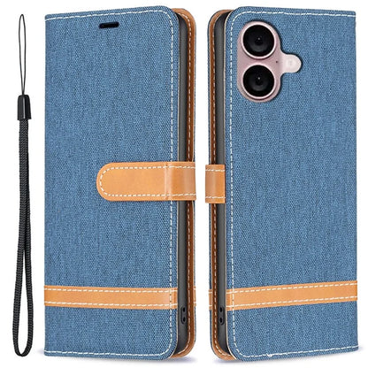 For iPhone 16 Plus Cell Phone Case Jeans Cloth Texture Leather Wallet Protective Cover