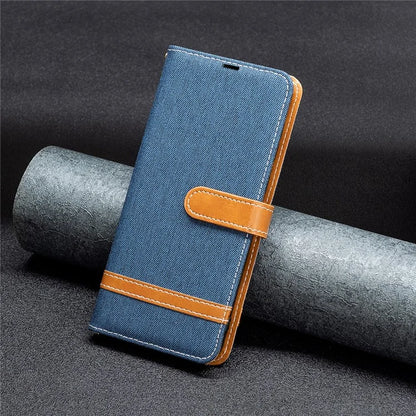 For iPhone 16 Plus Cell Phone Case Jeans Cloth Texture Leather Wallet Protective Cover