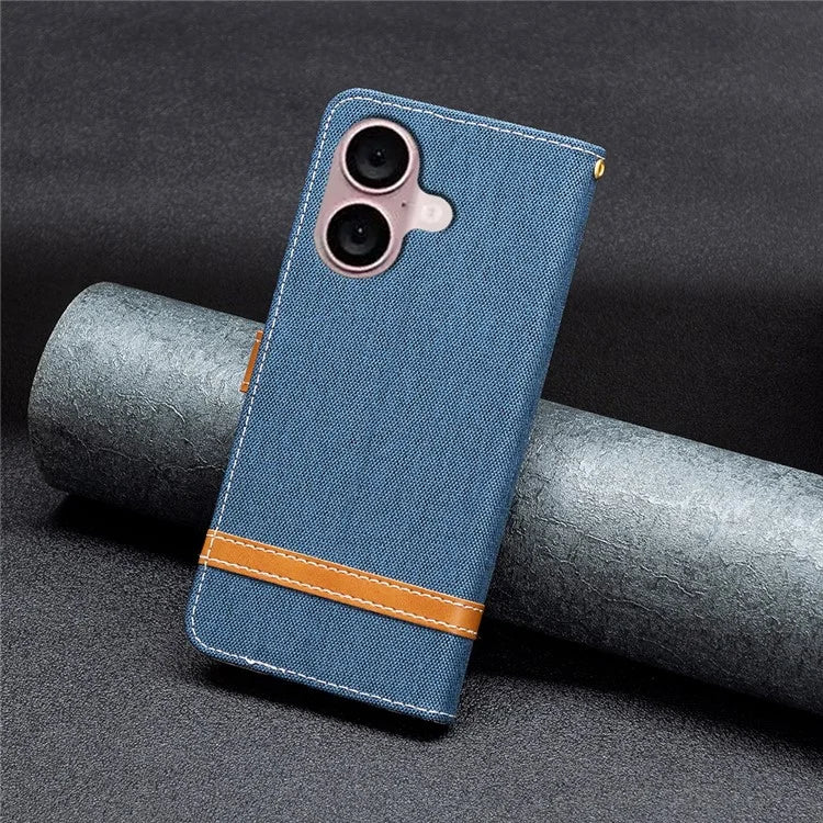 For iPhone 16 Plus Cell Phone Case Jeans Cloth Texture Leather Wallet Protective Cover