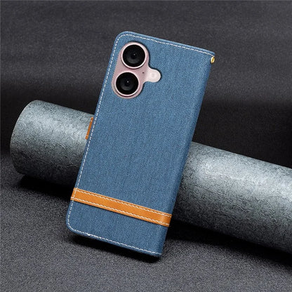 For iPhone 16 Plus Cell Phone Case Jeans Cloth Texture Leather Wallet Protective Cover