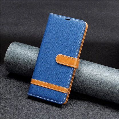 For iPhone 16 Plus Cell Phone Case Jeans Cloth Texture Leather Wallet Protective Cover