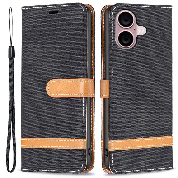 For iPhone 16 Plus Cell Phone Case Jeans Cloth Texture Leather Wallet Protective Cover