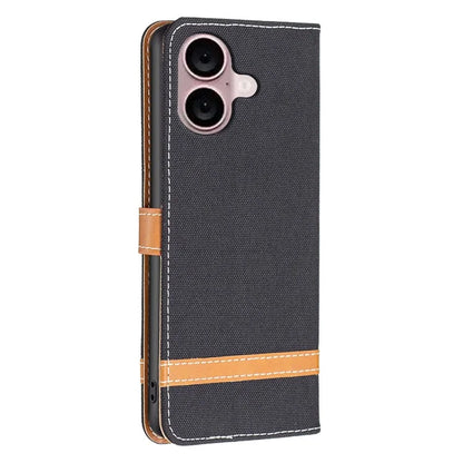 For iPhone 16 Plus Cell Phone Case Jeans Cloth Texture Leather Wallet Protective Cover