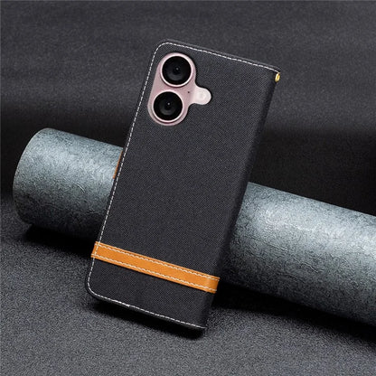 For iPhone 16 Plus Cell Phone Case Jeans Cloth Texture Leather Wallet Protective Cover