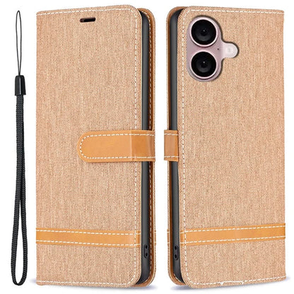 For iPhone 16 Leather Wallet Case Jeans Cloth Texture Protective Cover