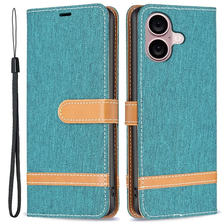 For iPhone 16 Leather Wallet Case Jeans Cloth Texture Protective Cover