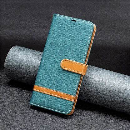 For iPhone 16 Leather Wallet Case Jeans Cloth Texture Protective Cover
