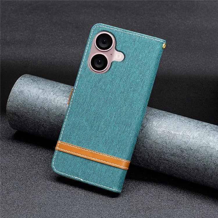 For iPhone 16 Leather Wallet Case Jeans Cloth Texture Protective Cover