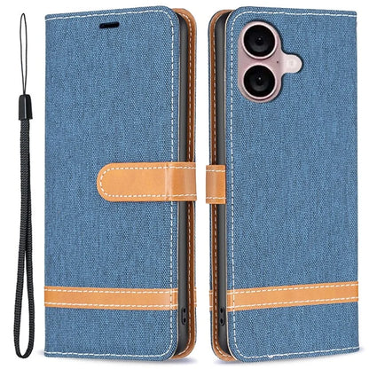 For iPhone 16 Leather Wallet Case Jeans Cloth Texture Protective Cover