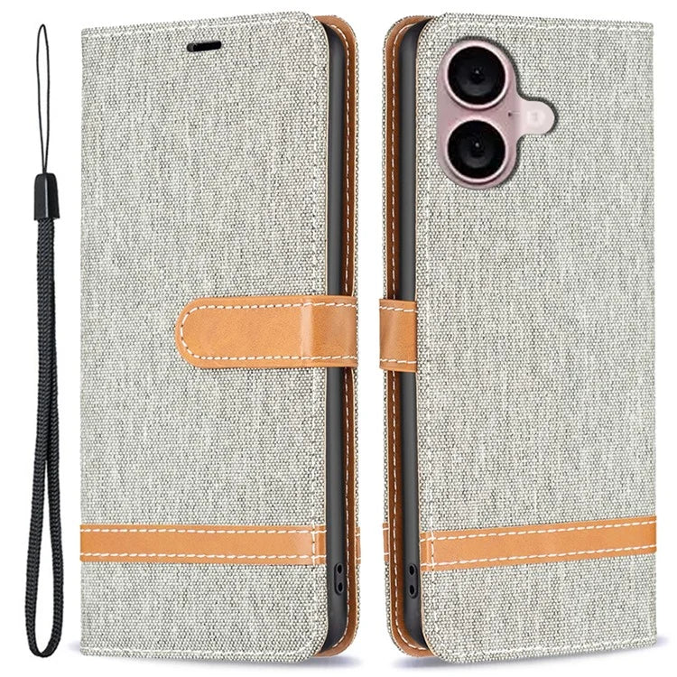 For iPhone 16 Leather Wallet Case Jeans Cloth Texture Protective Cover