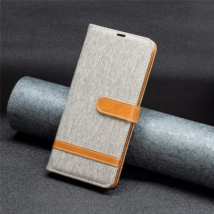 For iPhone 16 Leather Wallet Case Jeans Cloth Texture Protective Cover