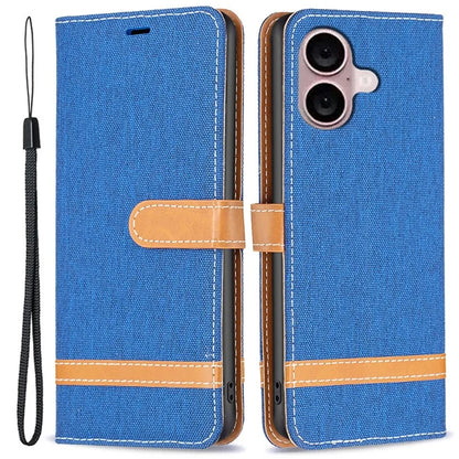 For iPhone 16 Leather Wallet Case Jeans Cloth Texture Protective Cover