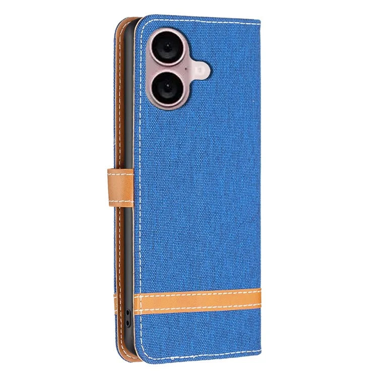 For iPhone 16 Leather Wallet Case Jeans Cloth Texture Protective Cover