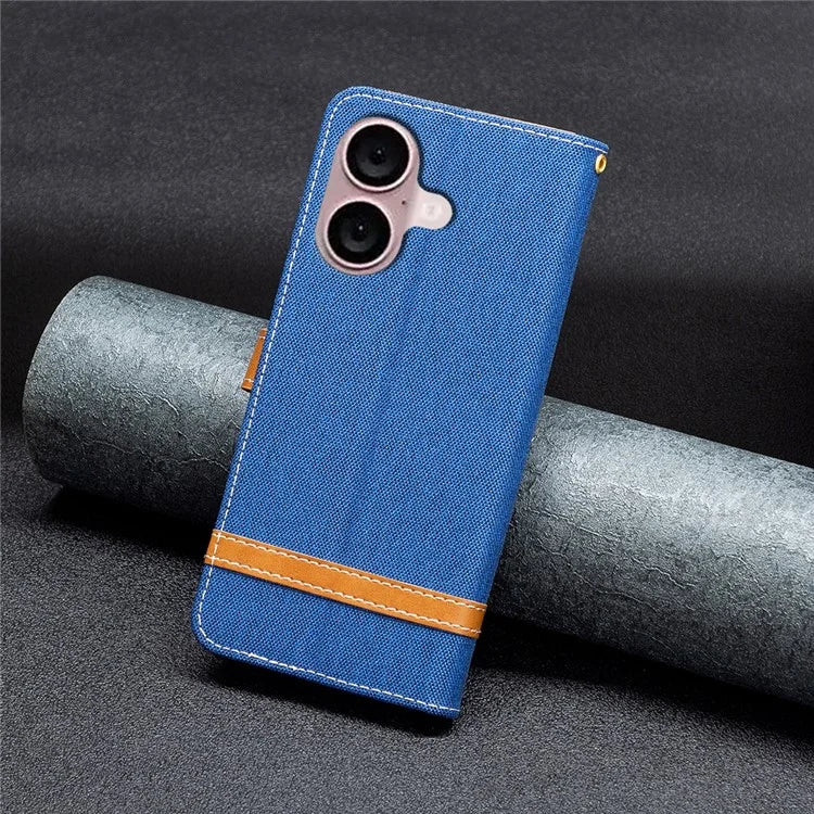 For iPhone 16 Leather Wallet Case Jeans Cloth Texture Protective Cover